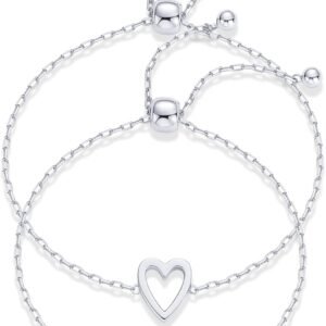 14K Gold Plated Matching Heart Charms Solitaire Bracelet Set for Women | Adjustable Valentines Day Love Friendship Two Bracelet Pack