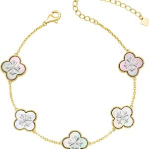 18K Gold Plated Clover Bracelet, Mother of Pearl Four Leaf Flower Bracelet for Women, 6.9" + 2" Adjustable Bracelet, Cross Motif, Gold or Silver Tone