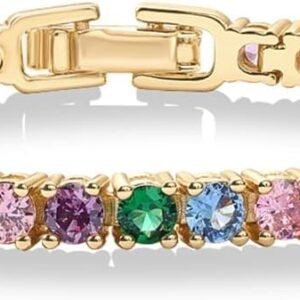14K Gold Plated 3mm Multi Colored CZ Tennis Bracelet | Vibrant & Bohemian Cubic Zirconia Bracelet for Women | Size 6.5-7.5 Inch