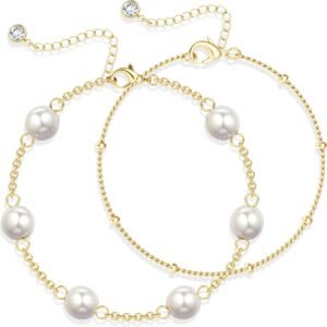 16K Gold Plated Bracelet for Women,Gold and Pearl Bracelet Dainty Simple Pearl Bracelets for Womens Non Tarnish Pearl Bracelet Stack Non Tarnish Layered Bracelets for Women