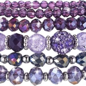 5Pcs Beaded Bracelets for Women, Bohemian Glass Faceted Crystal Beads Bracelet, Stackable Boho Disco Ball Stretch Bracelets, Multilayered Purple Jewelry Gift for Women, Mother's Day